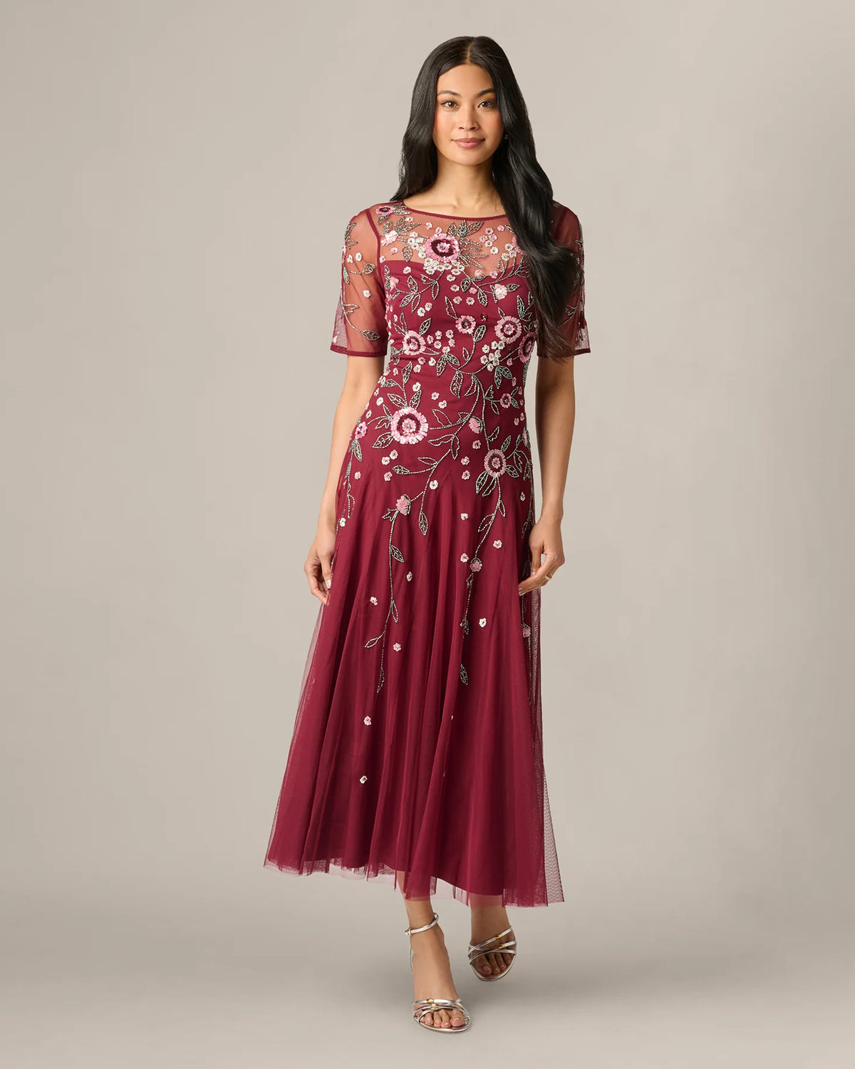 Floral Print Embellished Short-Sleeve A-Line Maxi Mother of the Bride Dress for Wedding Ceremony