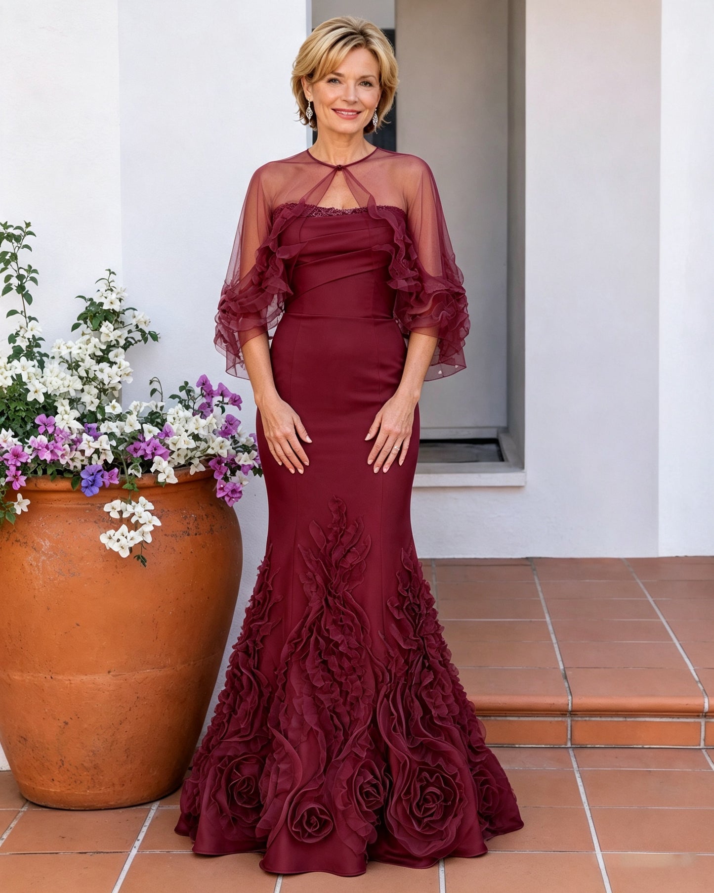 Rosette Mermaid Mother of the Bride Dress with Sheer Cape