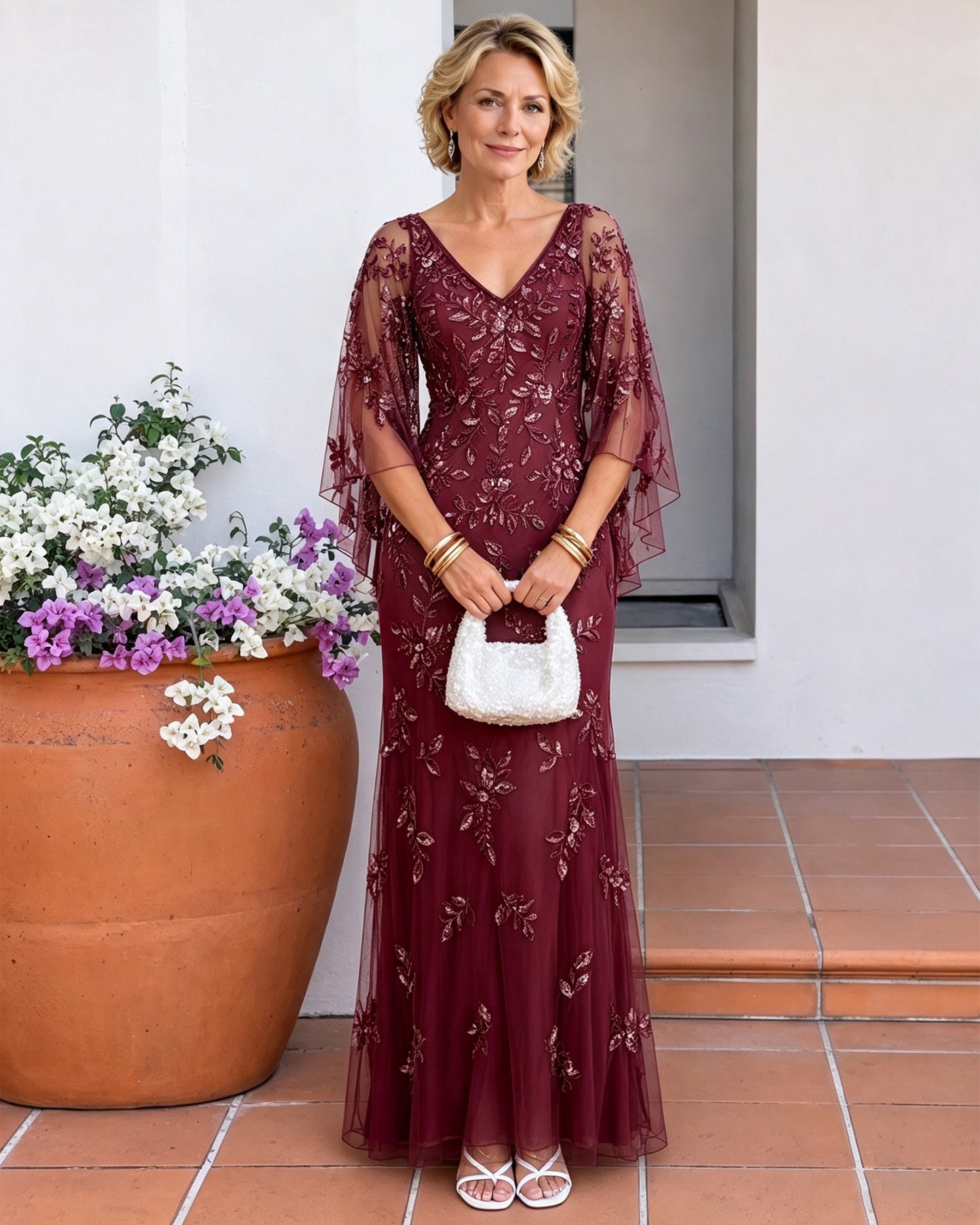 V-Neck Floral Sequin Mother of the Bride Dress with Cape Sleeves