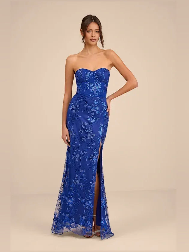 Corset Sequin Strapless Mermaid Maxi Tulle Prom Dress for Senior Prom