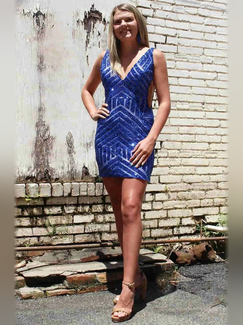 Sequin V Neck Bodycon Mini Homecoming Dress for Formal Evening