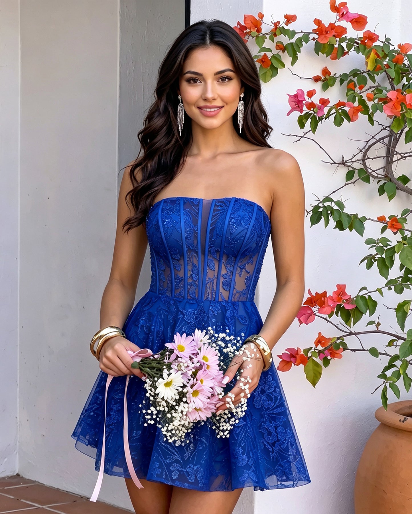 Strapless Floral Lace Corset A-Line Mini Homecoming Dress