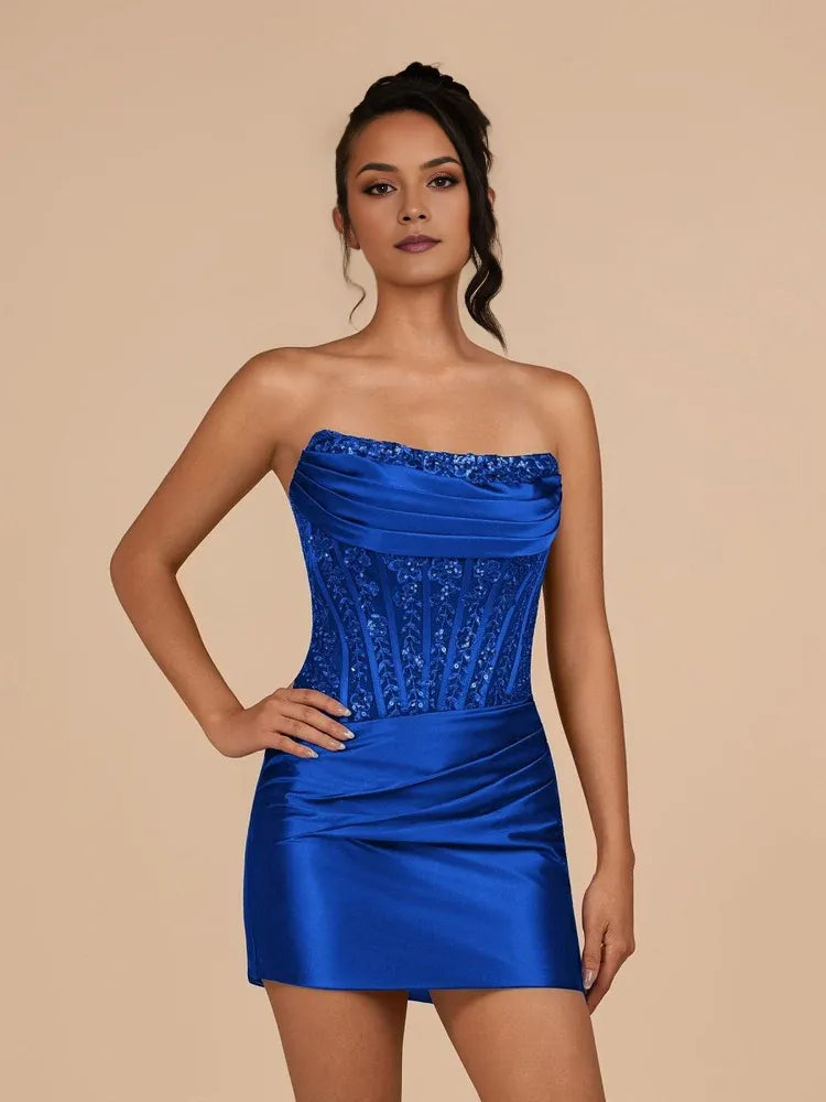 Ruched Draped Strapless Bodycon Mini Satin Homecoming Dress for Formal Party