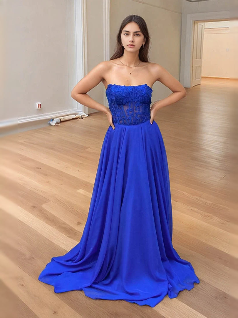 Royal Blue Corset Strapless A-Line Floor-Length Chiffon Prom Dress for Awards Dinner