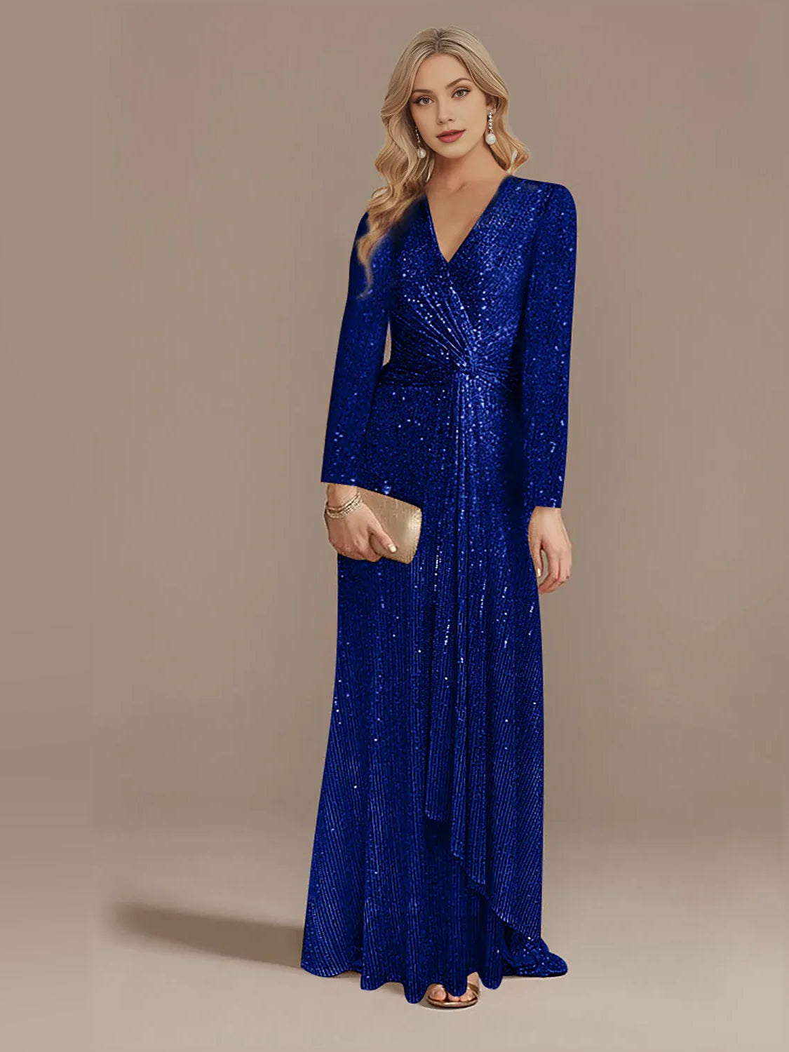 V Neck Long Sleeves Ruching Floor-Length Stunning Formal Dress