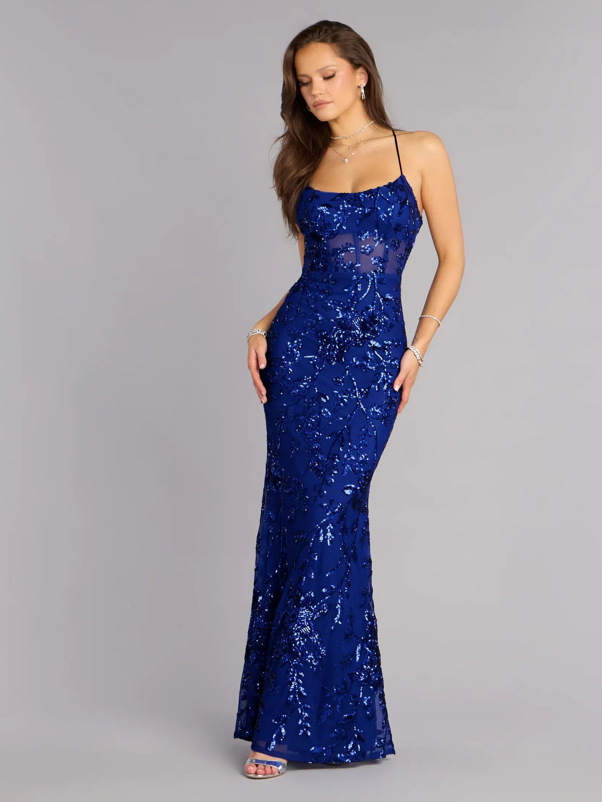 Spaghetti Strap Backless Sequin Mermaid Formal Dress