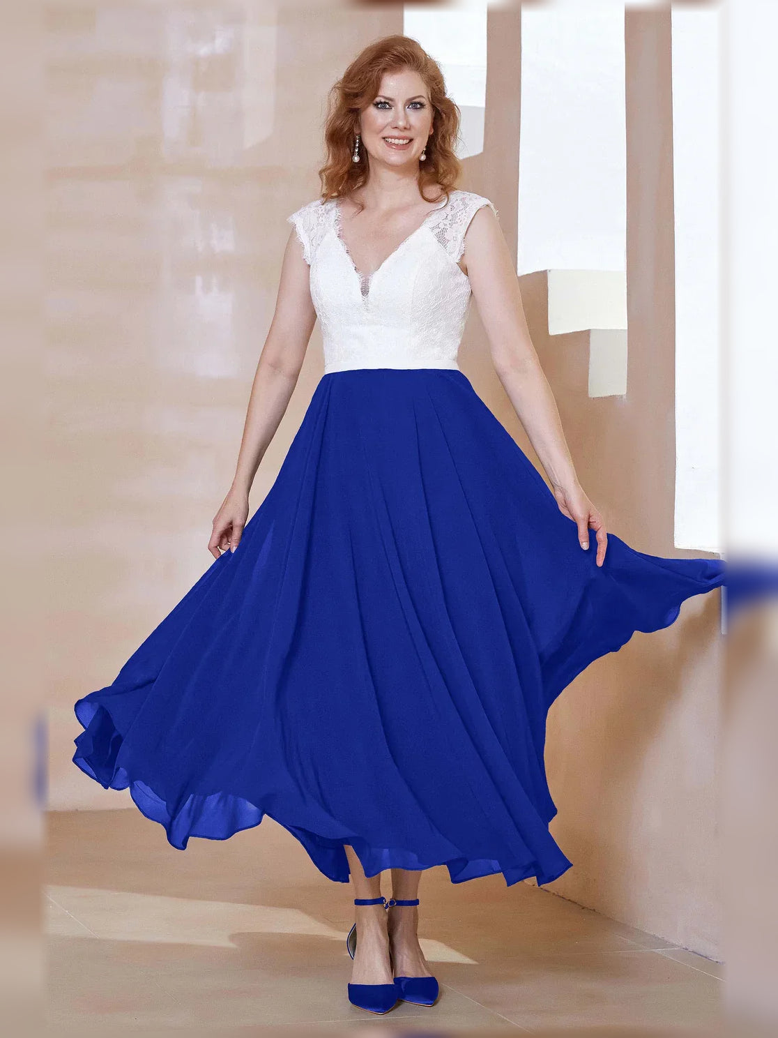 V Neck A-Line Midi Chiffon Mother of the Bride Dress for Ceremony Dinner
