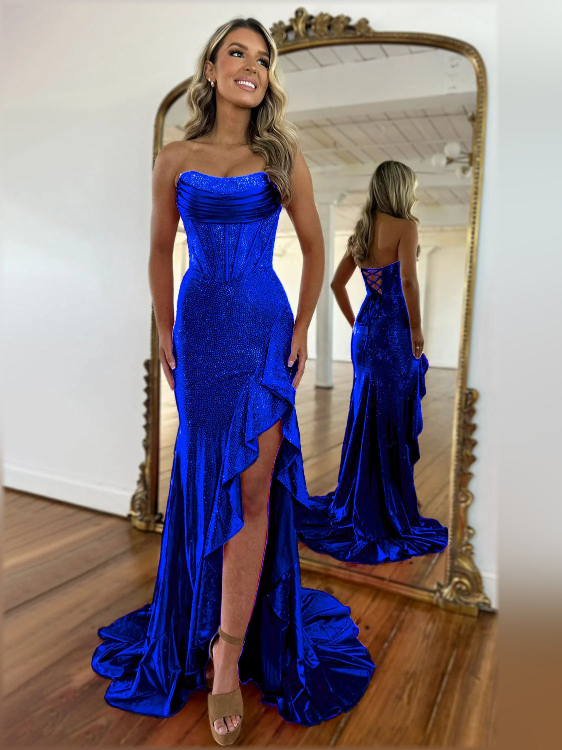Strapless Slit Mermaid Floor-Length Formal Dress
