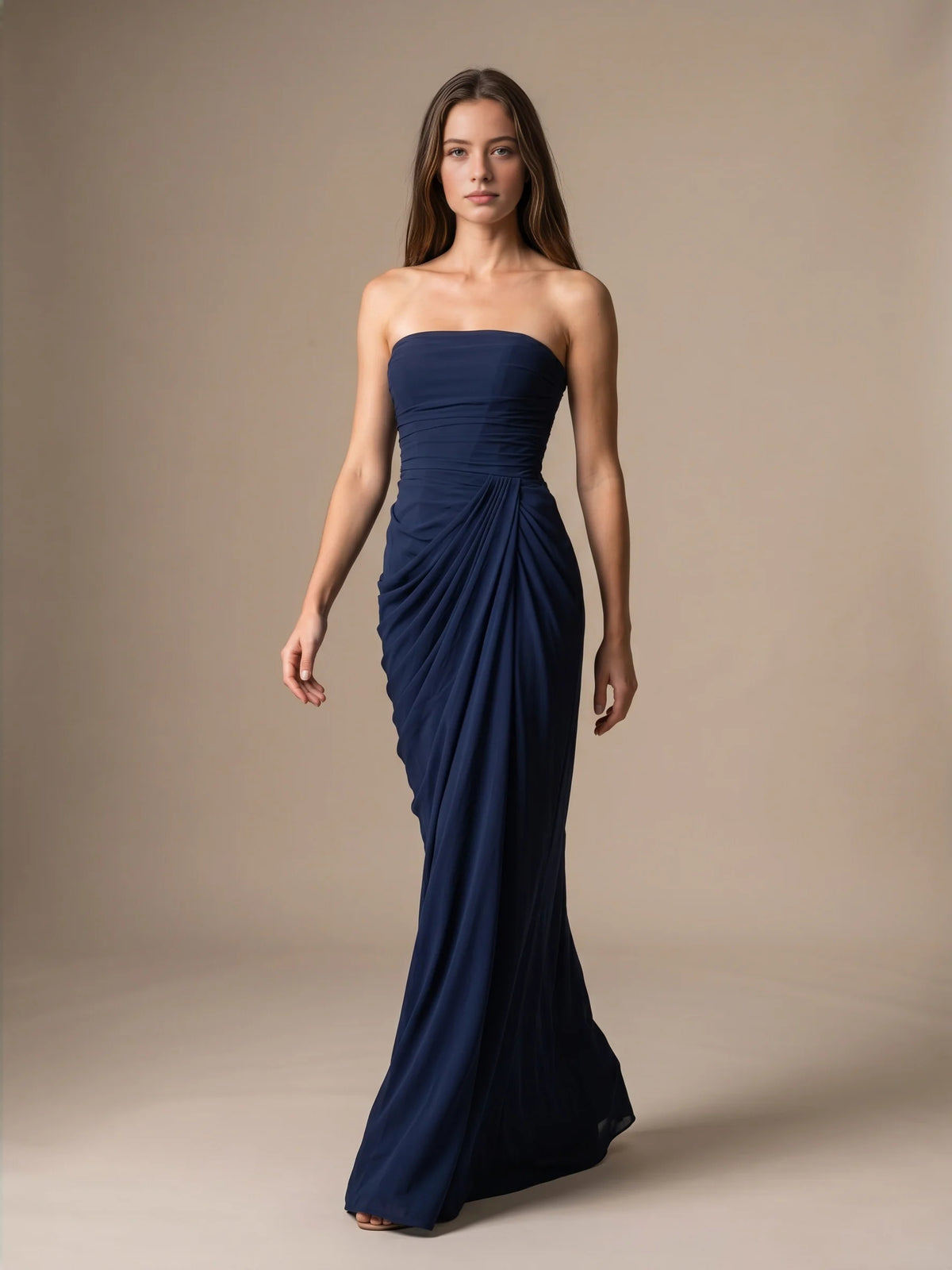 Ruched Draped Slit Strapless Mermaid Maxi Chiffon Bridesmaid Dress for Garden Wedding