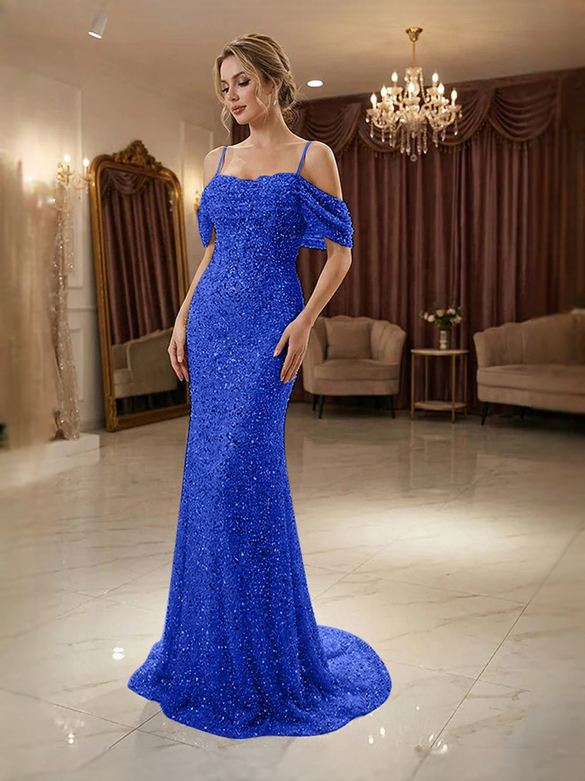 Ruffled Beaded Off Shoulder Mermaid Floor-Length Prom Dress for Prom Night