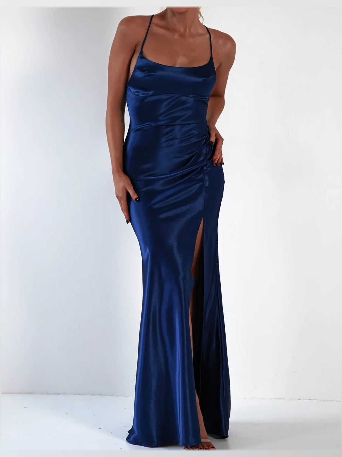 Draped Side-Slit Slit Cowl Neck Sheath Maxi Satin Prom Dress for Evening Banquet