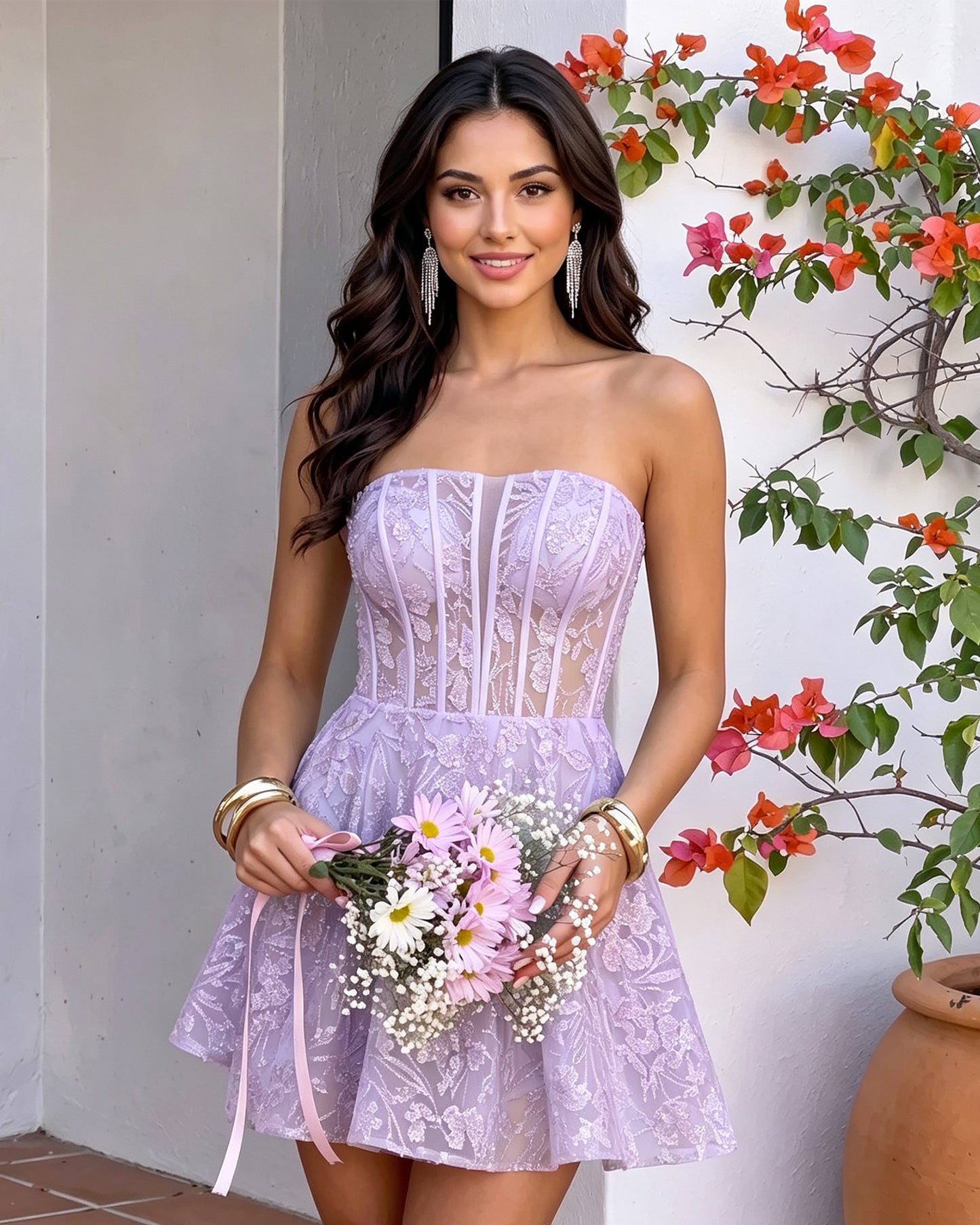 Strapless Floral Lace Corset A-Line Mini Homecoming Dress