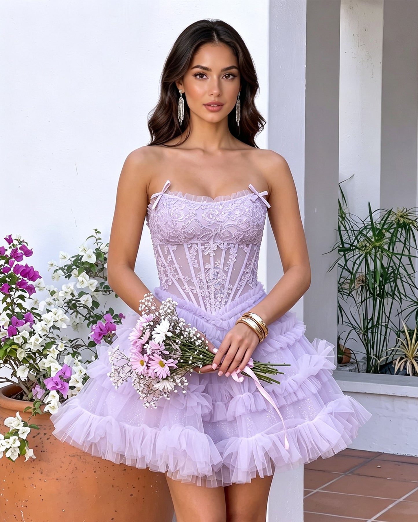 Spaghetti Strap Floral Lace Corset Tiered Tulle Mini Homecoming Dress
