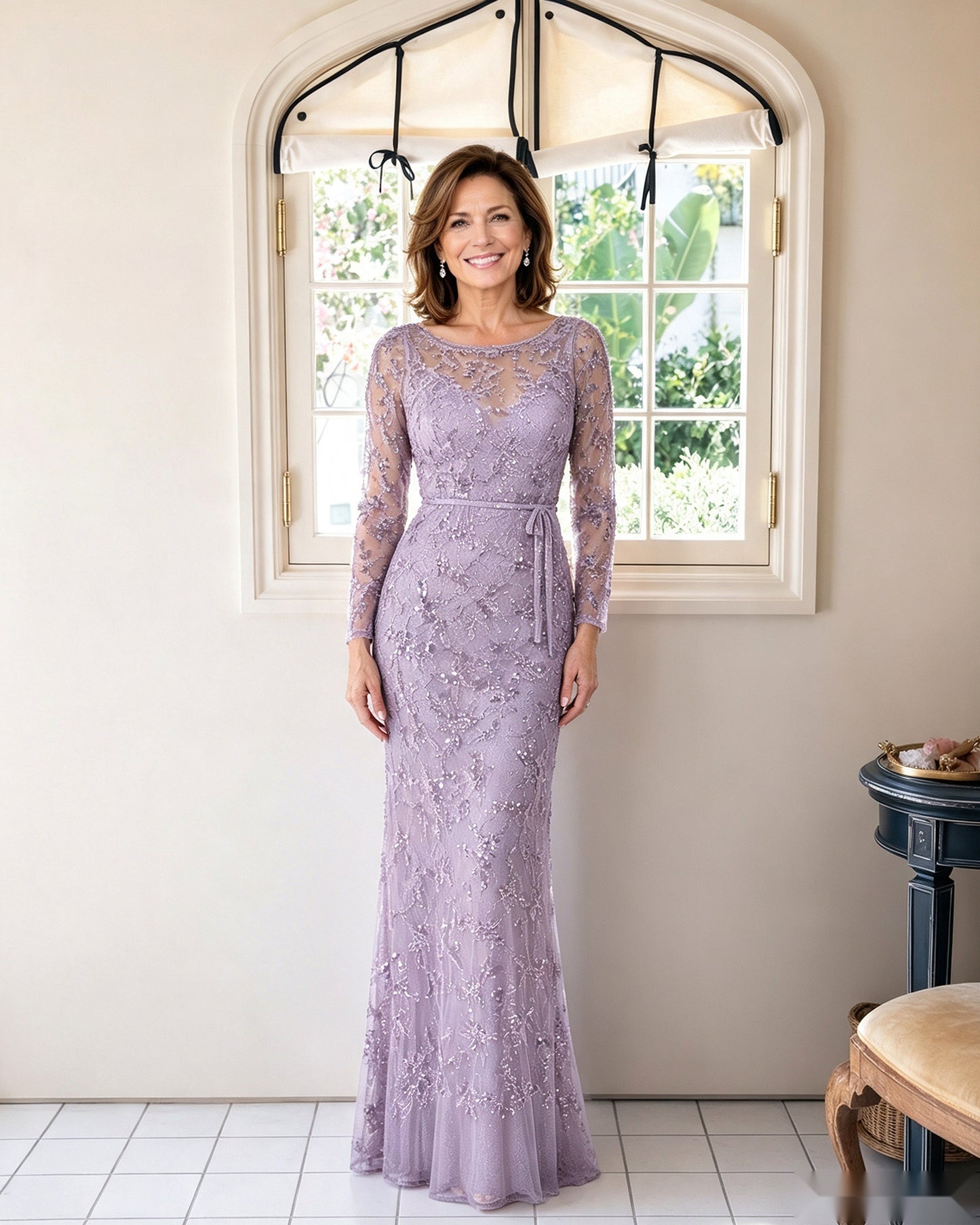 Illusion Lace Long Sleeve Sheath Mother of the Bride Dress
