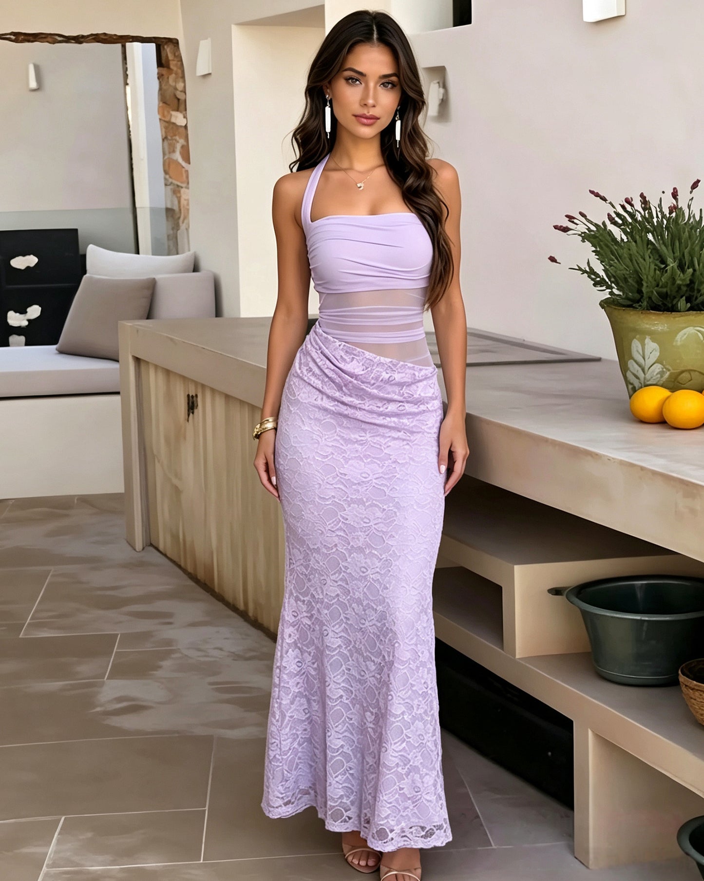 Square Neck Two Piece Lace Mermaid Formal Dress with Tie Straps