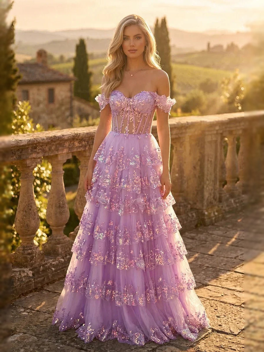 Corset Tiered Off Shoulder A-Line Maxi Tulle Prom Dress for Charity Ball