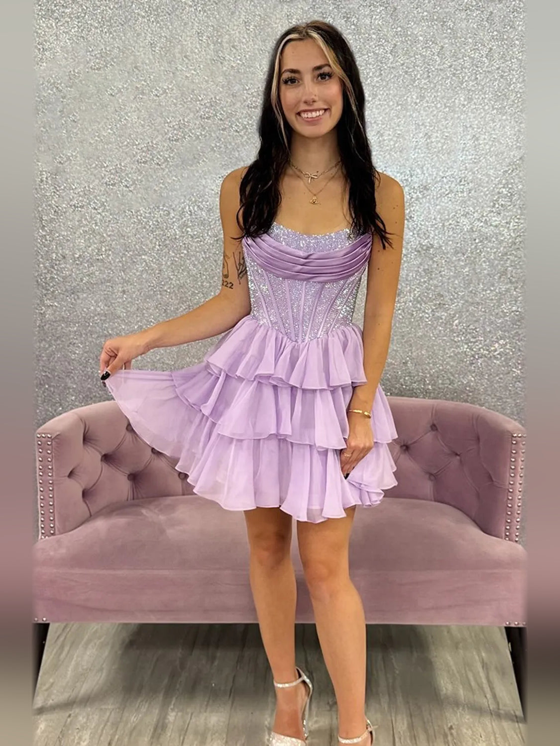 Ruched Corset Ruffled Strapless A-Line Short Chiffon Homecoming Dress for Club Formal