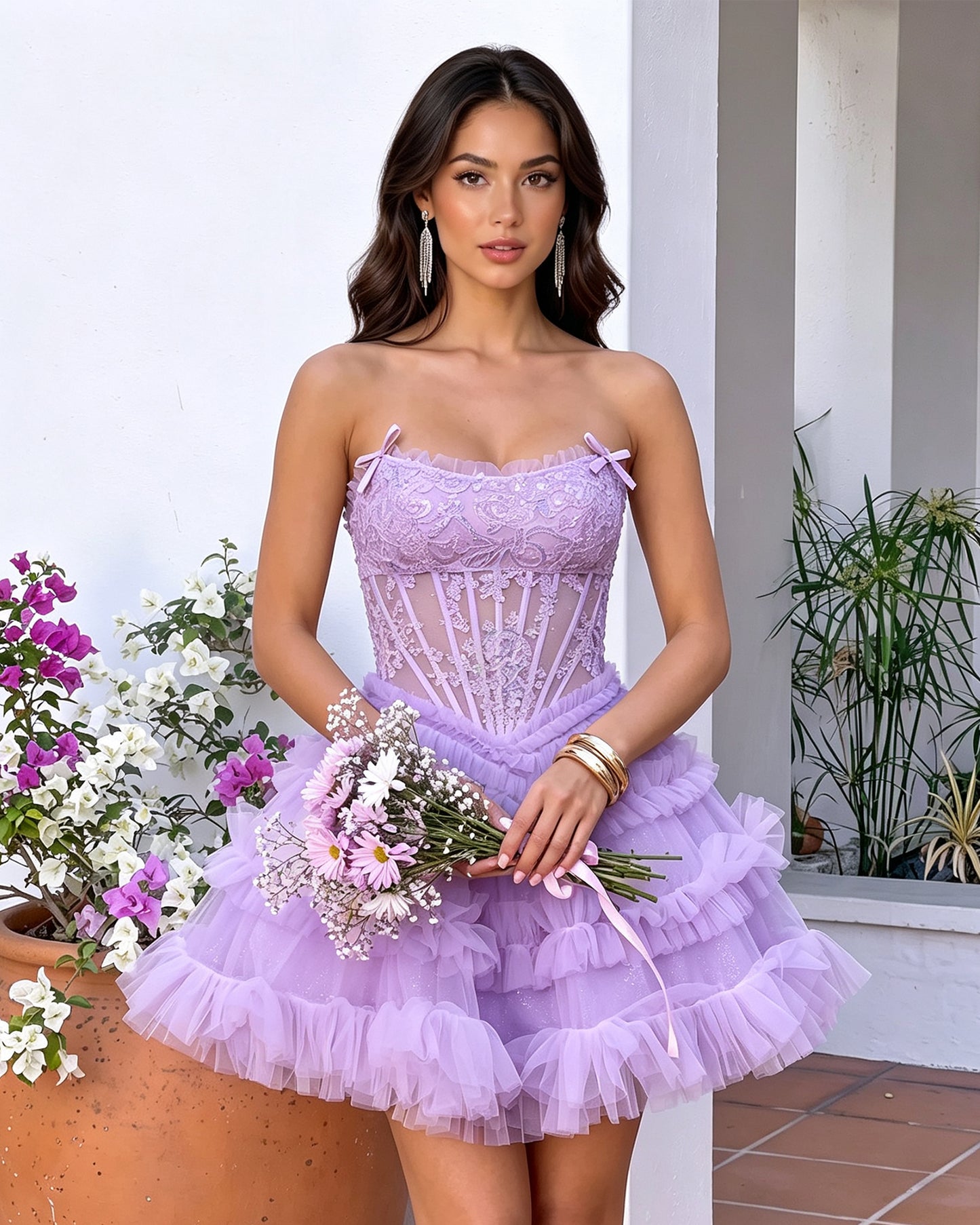 Spaghetti Strap Floral Lace Corset Tiered Tulle Mini Homecoming Dress