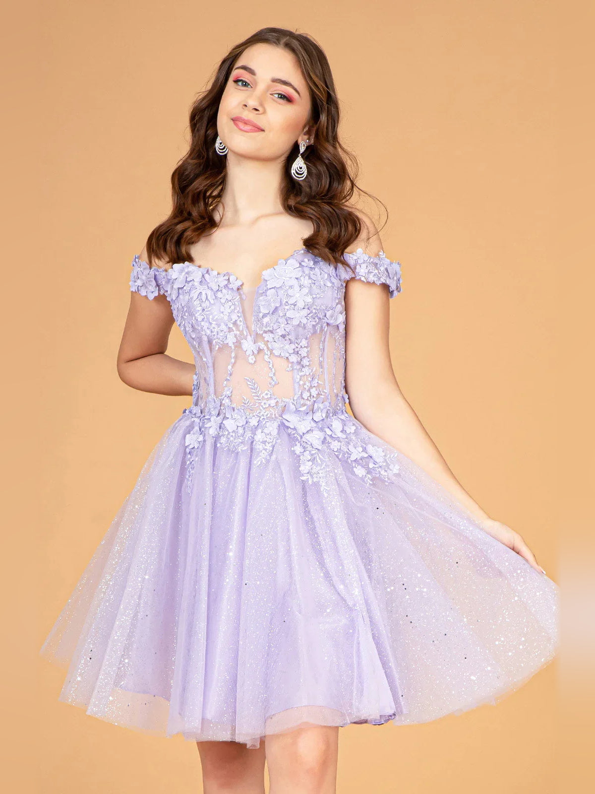 Corset Flower-Applique Floral Off Shoulder A-Line Mini Tulle Homecoming Dress for Dinner Dance