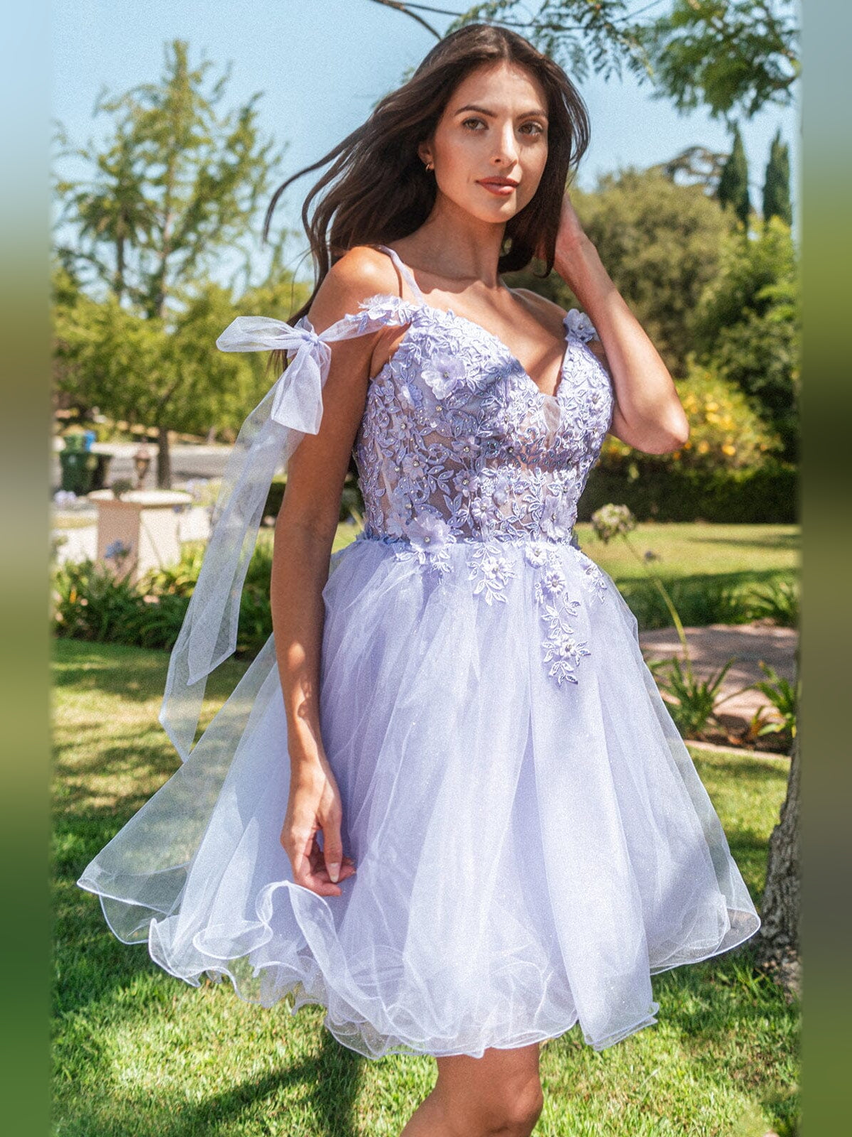 Bow Flower-Applique Floral V Neck A-Line Short Tulle Homecoming Dress for Formal Dinner