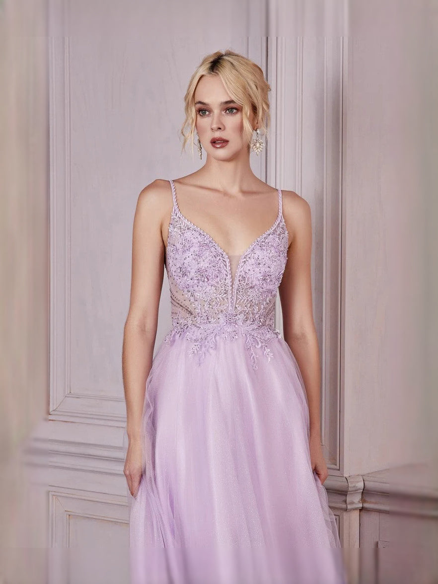 Layered Beaded Floral V Neck A-Line Floor-Length Tulle Prom Dress for Winter Formal