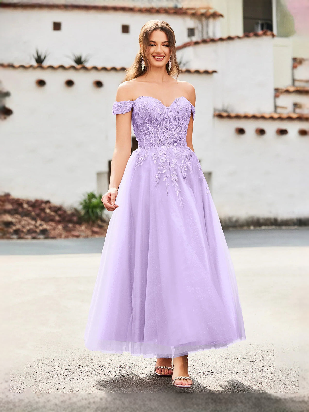 Corset Glitter Sweetheart A-Line Tea-Length Tulle Prom Dress for Special Occasion