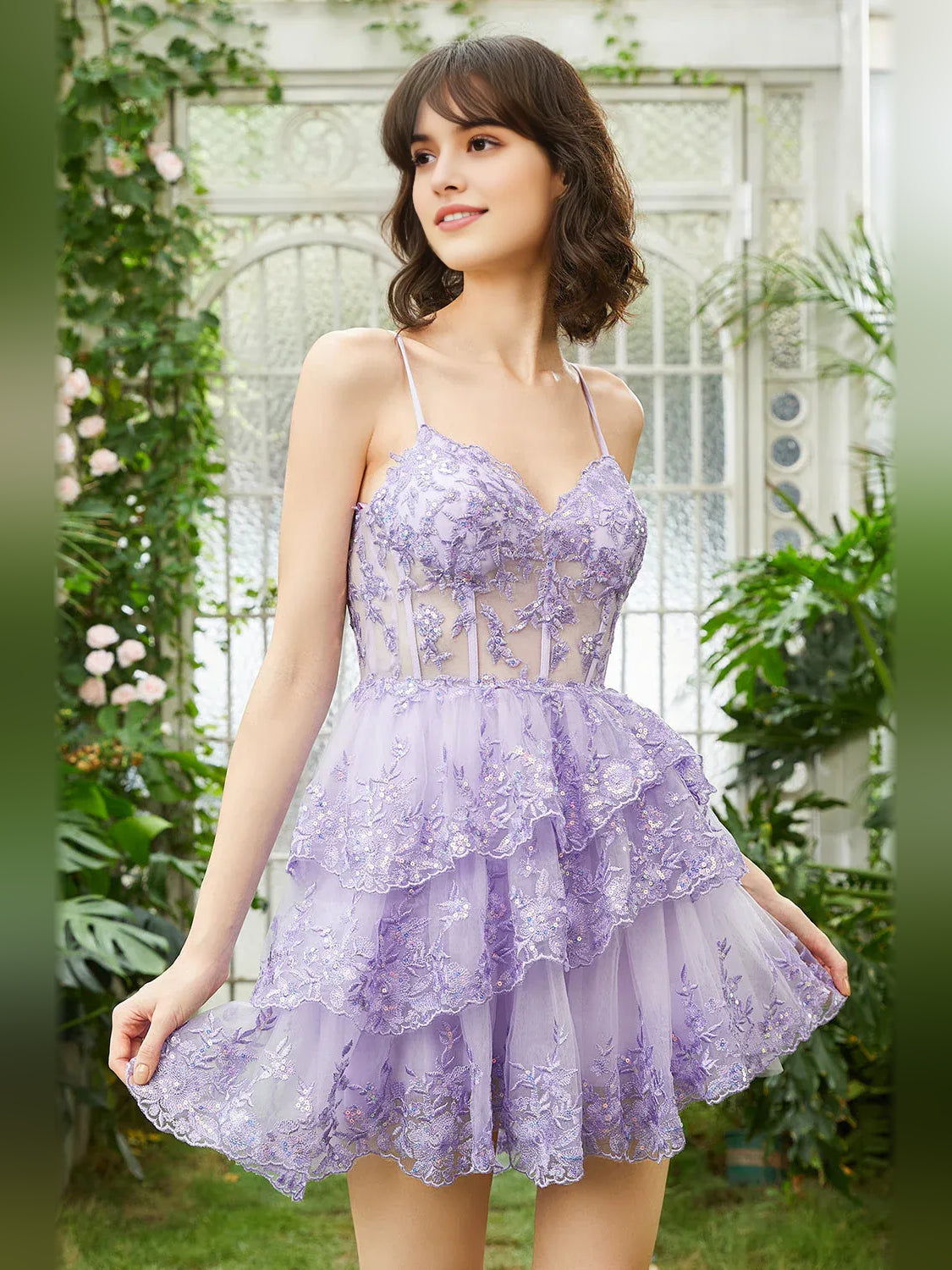 Corset Tiered Floral Ruffled Sweetheart A-Line Mini Tulle Homecoming Dress for Formal Evening