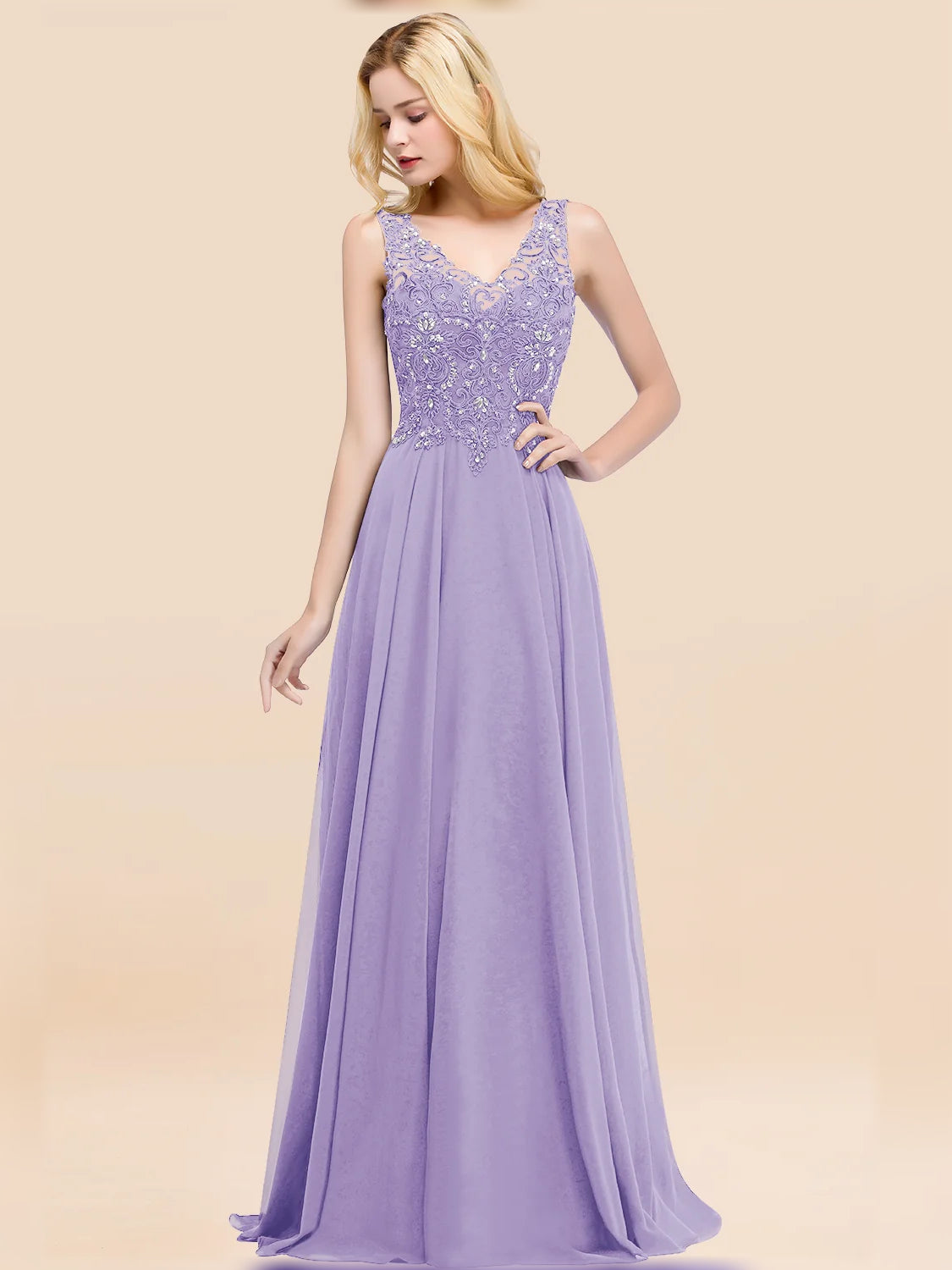 V Neck A-Line Floor-Length Chiffon Bridesmaid Dress for Formal Wedding