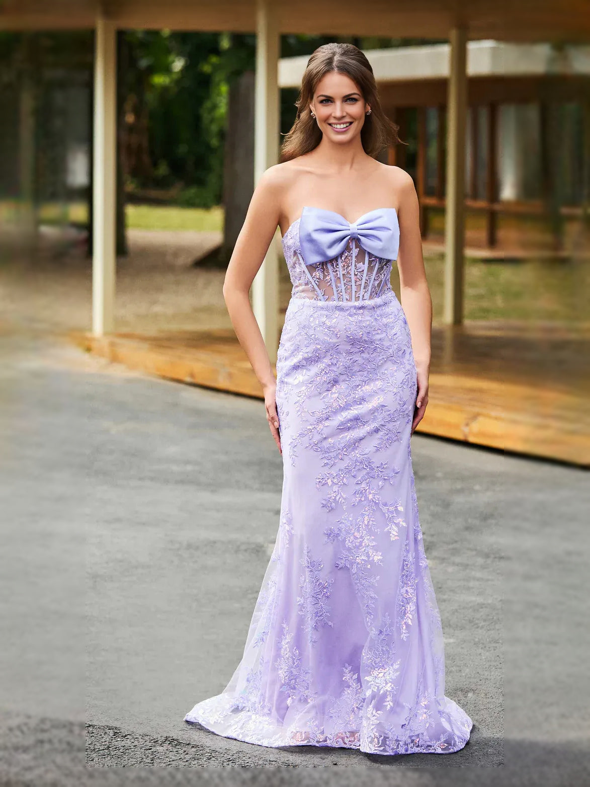 Lilac Corset Bow Strapless Mermaid Floor-Length Prom Dress for Ballroom Event