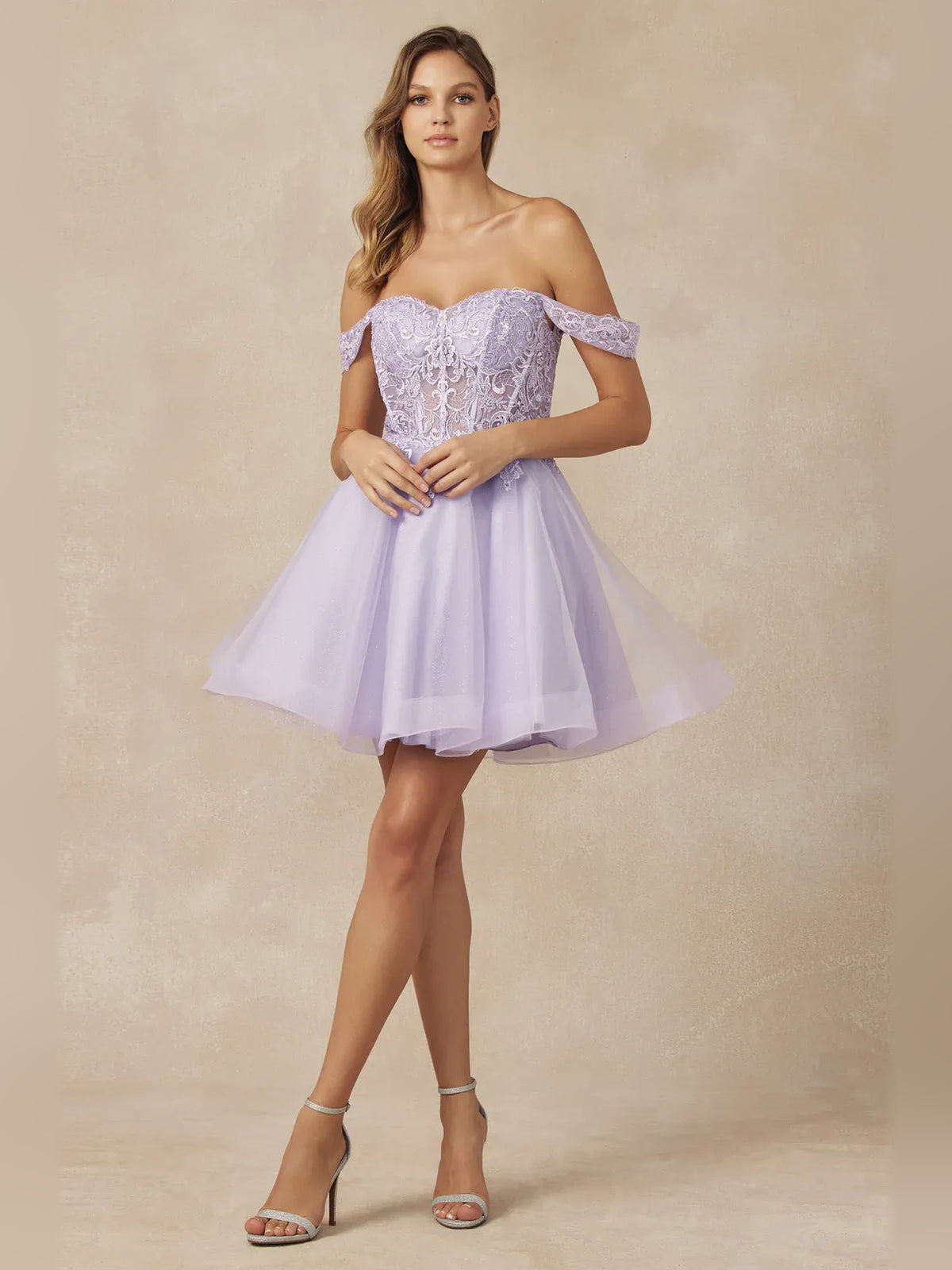 Corset Glitter Off Shoulder A-Line Short Tulle Homecoming Dress for Vineyard Wedding