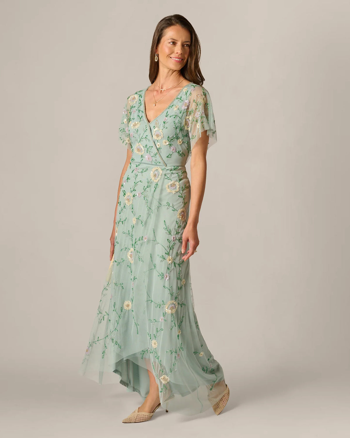 Flutter-Sleeve A-Line Maxi Mother of the Bride Dress for Anniversary Celebration