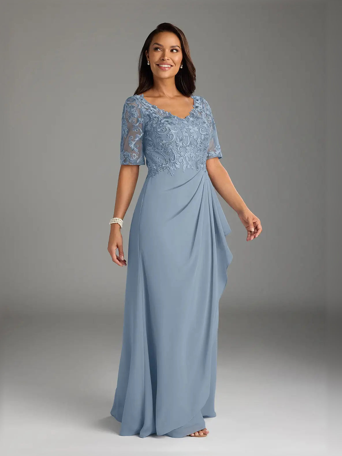 Ruffled Embroidered V Neck A-Line Maxi Chiffon Mother of the Bride Dress for Estate Wedding