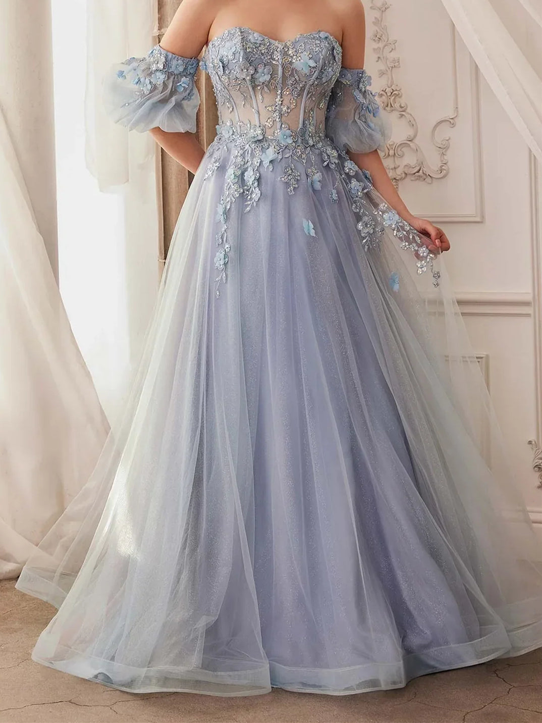 Floral Sweetheart A-Line Maxi Tulle Prom Dress for Formal Dance