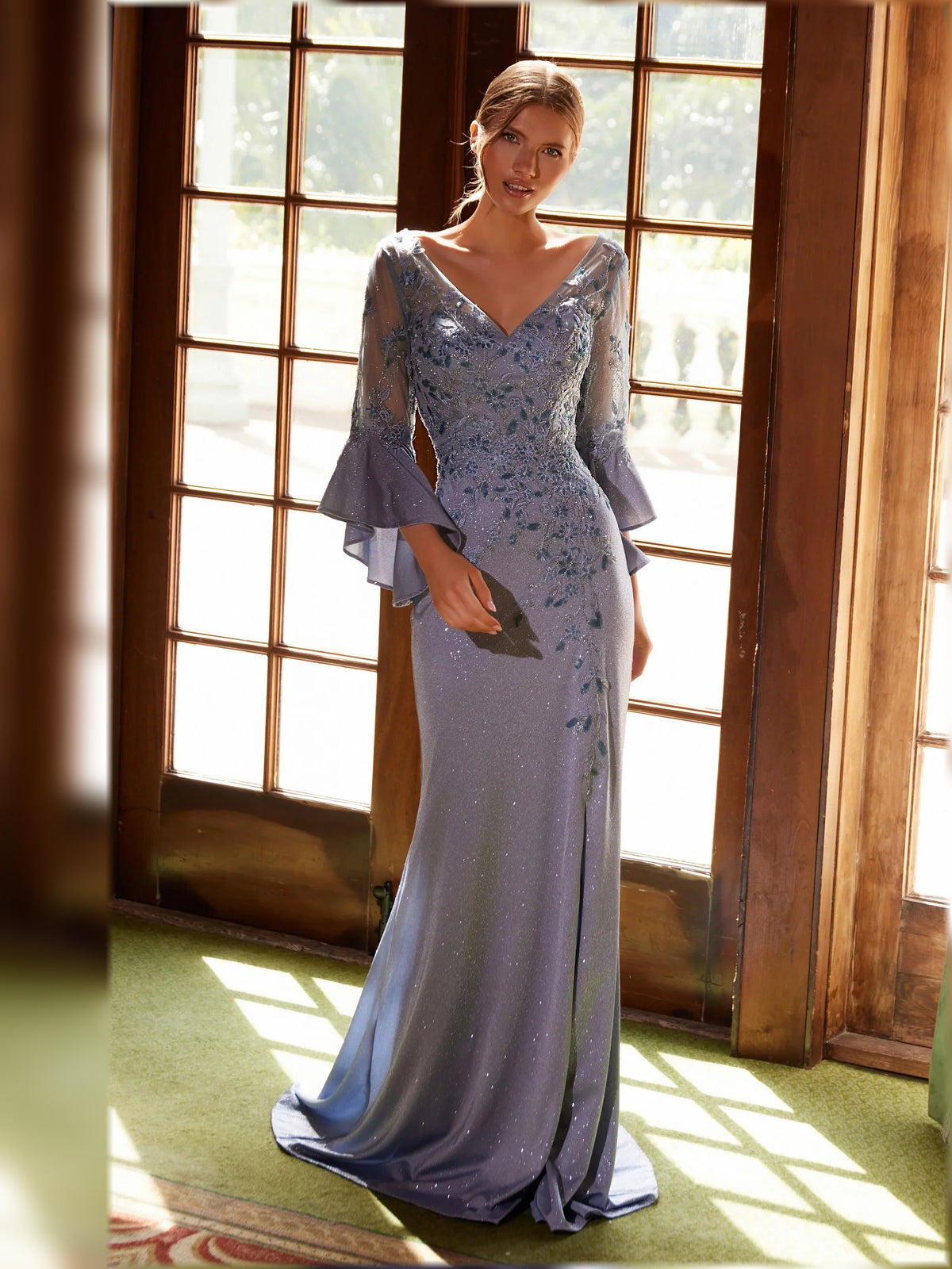 Embroidered Sequin Slit V Neck Sheath Maxi Mother of the Bride Dress for Wedding Dinner