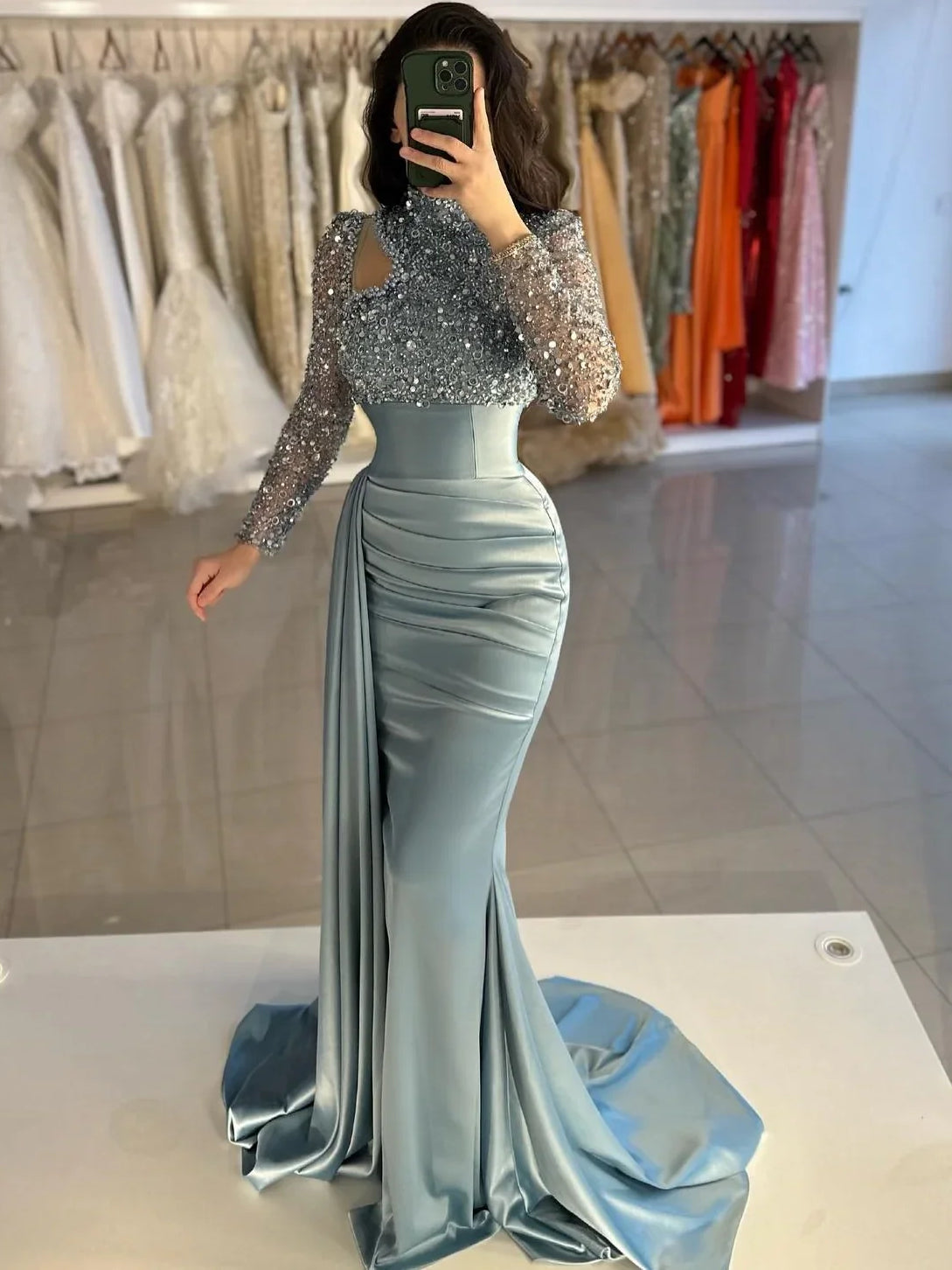 Slit Mermaid Satin Floor-Length Formal Dress
