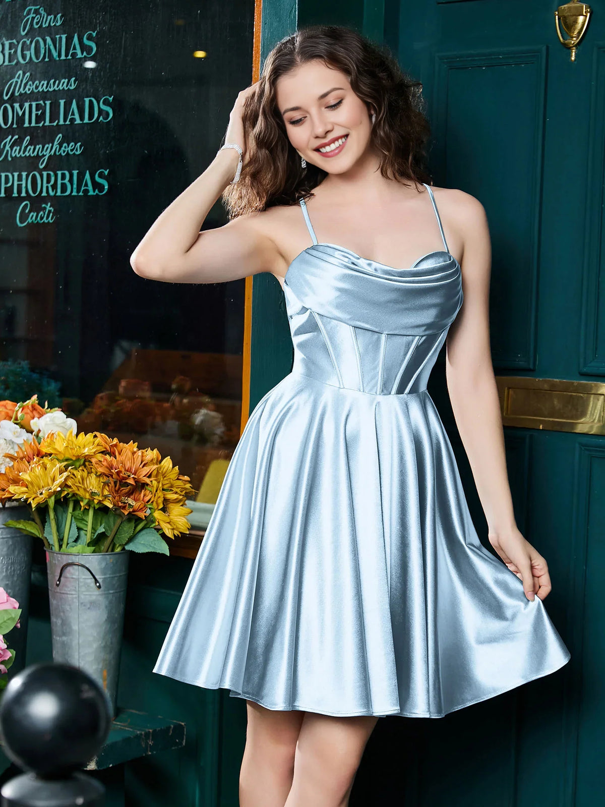 Corset Cowl Neck A-Line Mini Satin Homecoming Dress for Dinner Reception