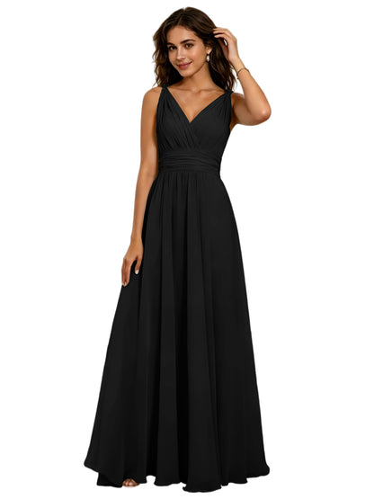 Pleated V-Neck Chiffon A-Line Bridesmaid Dress with Lace-Up Back