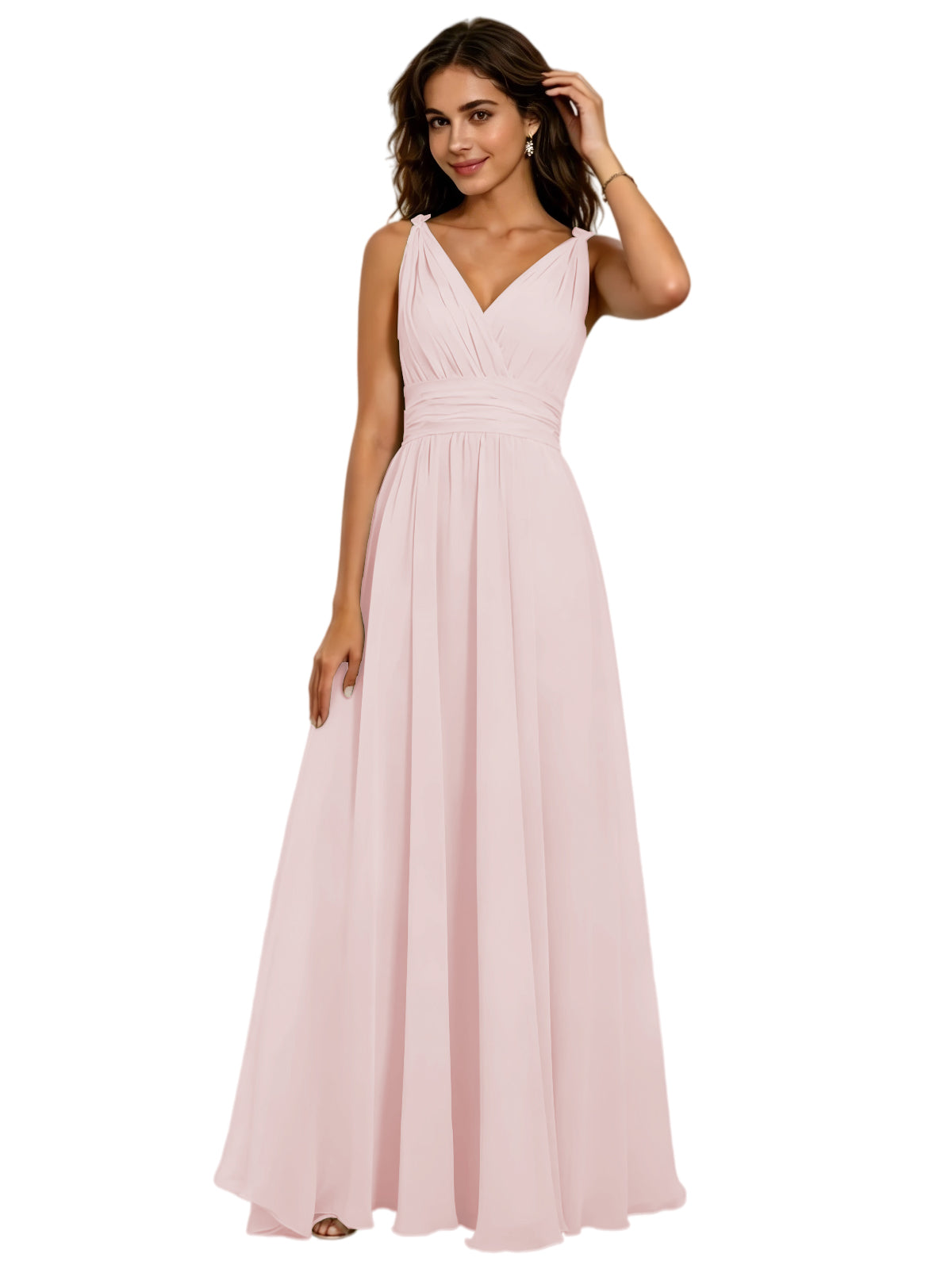 Pleated V-Neck Chiffon A-Line Bridesmaid Dress with Lace-Up Back