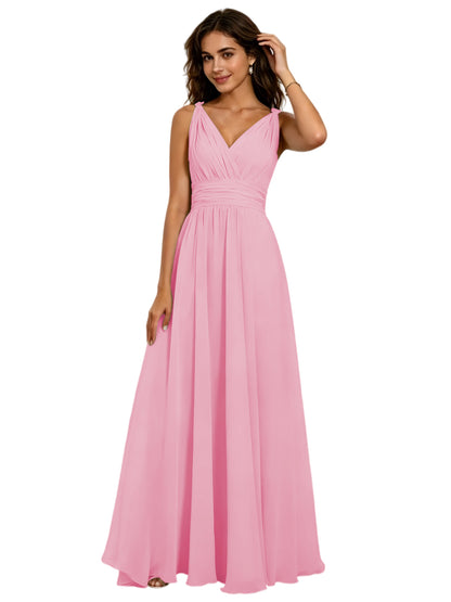 Pleated V-Neck Chiffon A-Line Bridesmaid Dress with Lace-Up Back