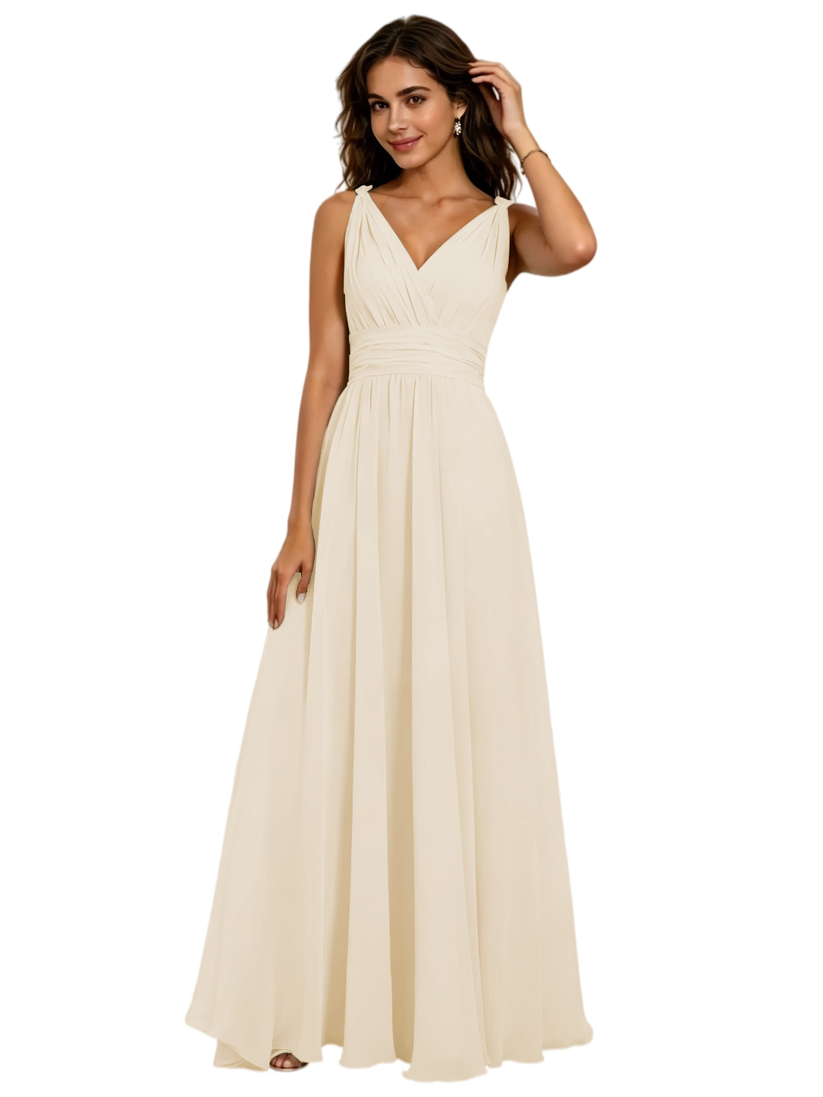 Pleated V-Neck Chiffon A-Line Bridesmaid Dress with Lace-Up Back