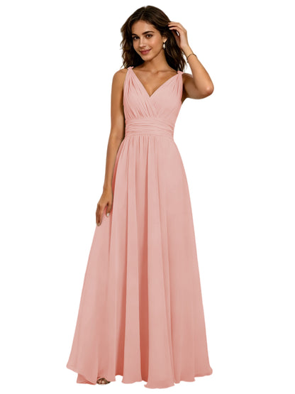 Pleated V-Neck Chiffon A-Line Bridesmaid Dress with Lace-Up Back