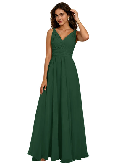 Pleated V-Neck Chiffon A-Line Bridesmaid Dress with Lace-Up Back