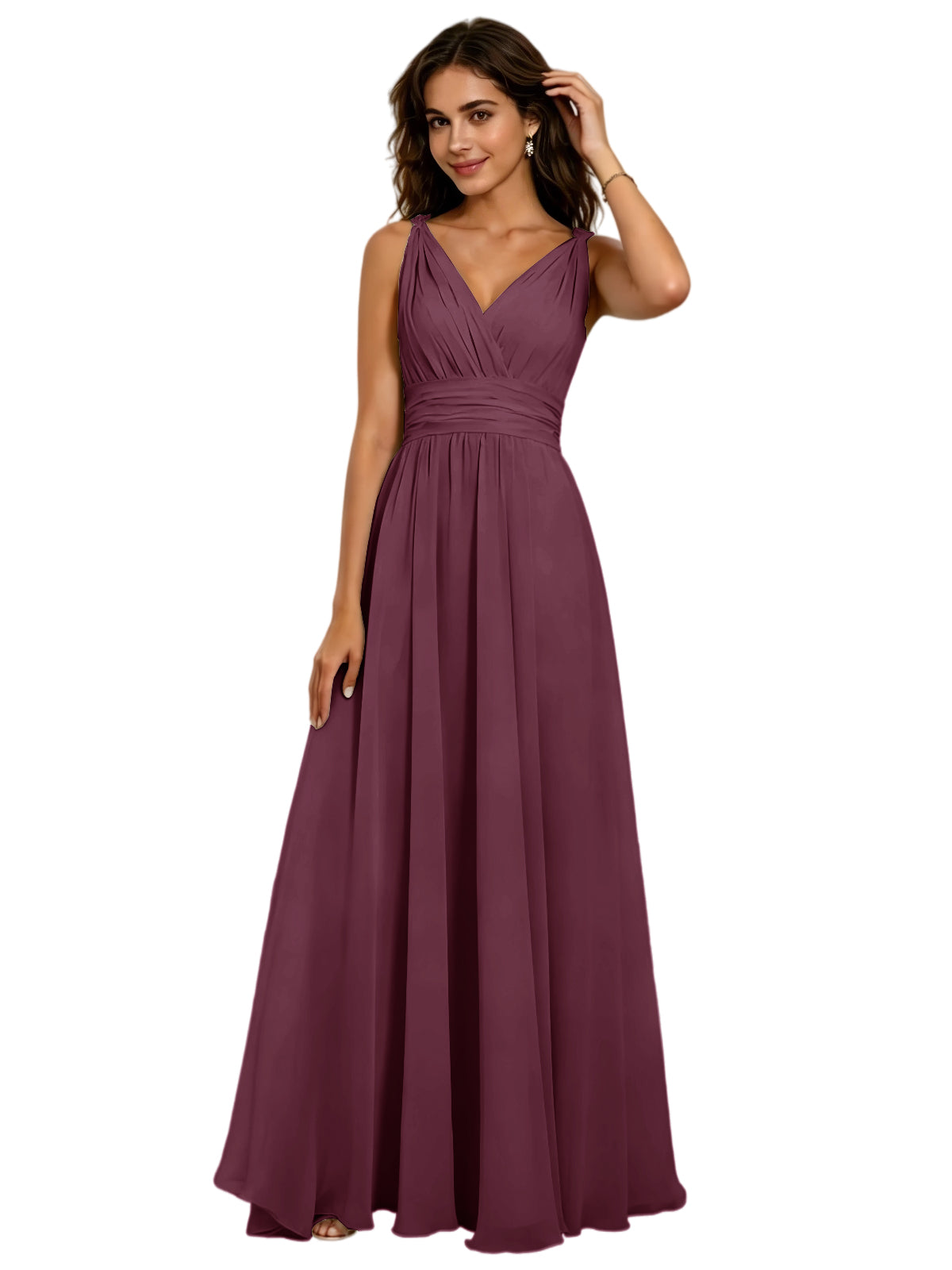 Pleated V-Neck Chiffon A-Line Bridesmaid Dress with Lace-Up Back