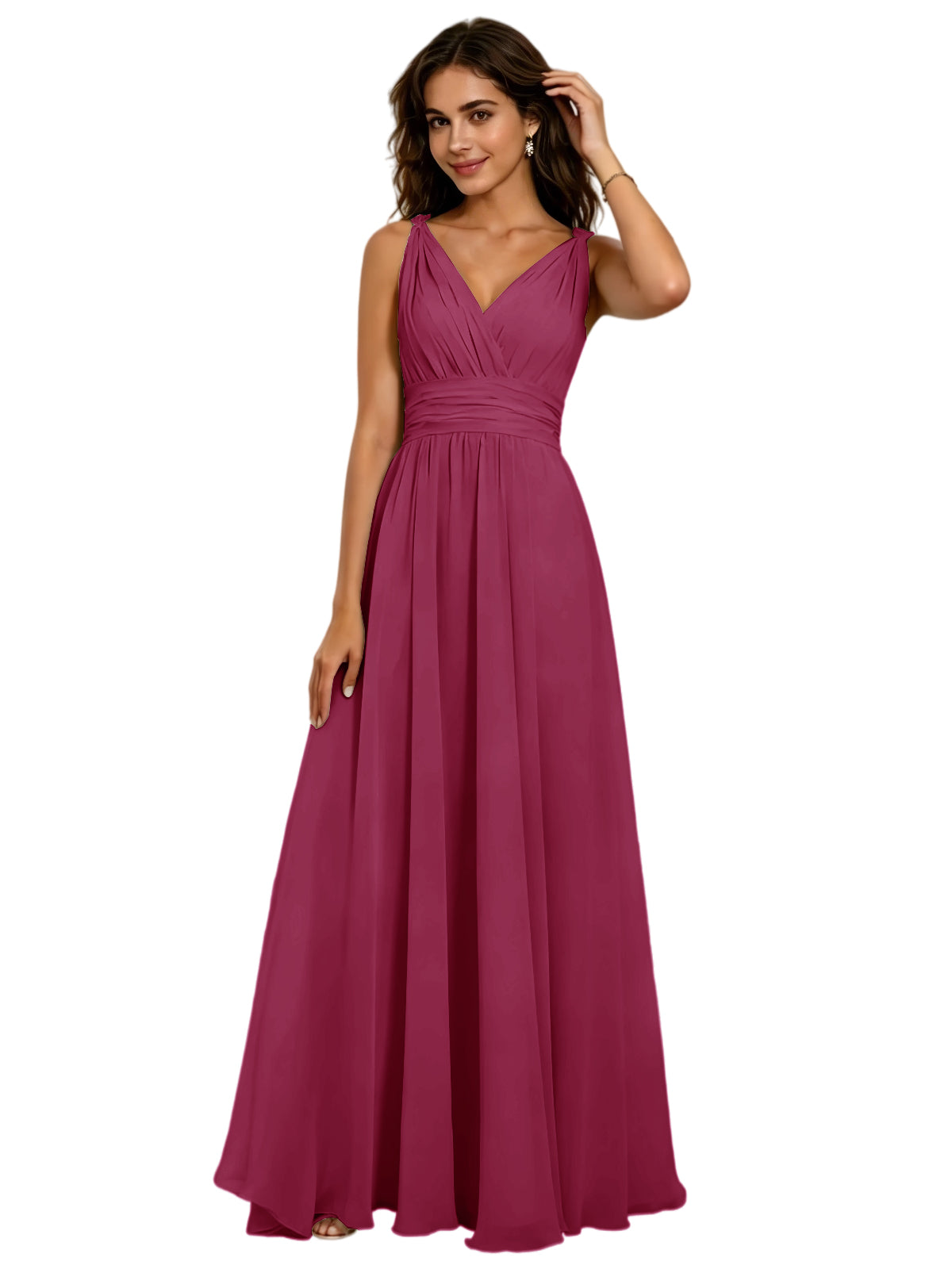 Pleated V-Neck Chiffon A-Line Bridesmaid Dress with Lace-Up Back