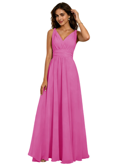 Pleated V-Neck Chiffon A-Line Bridesmaid Dress with Lace-Up Back