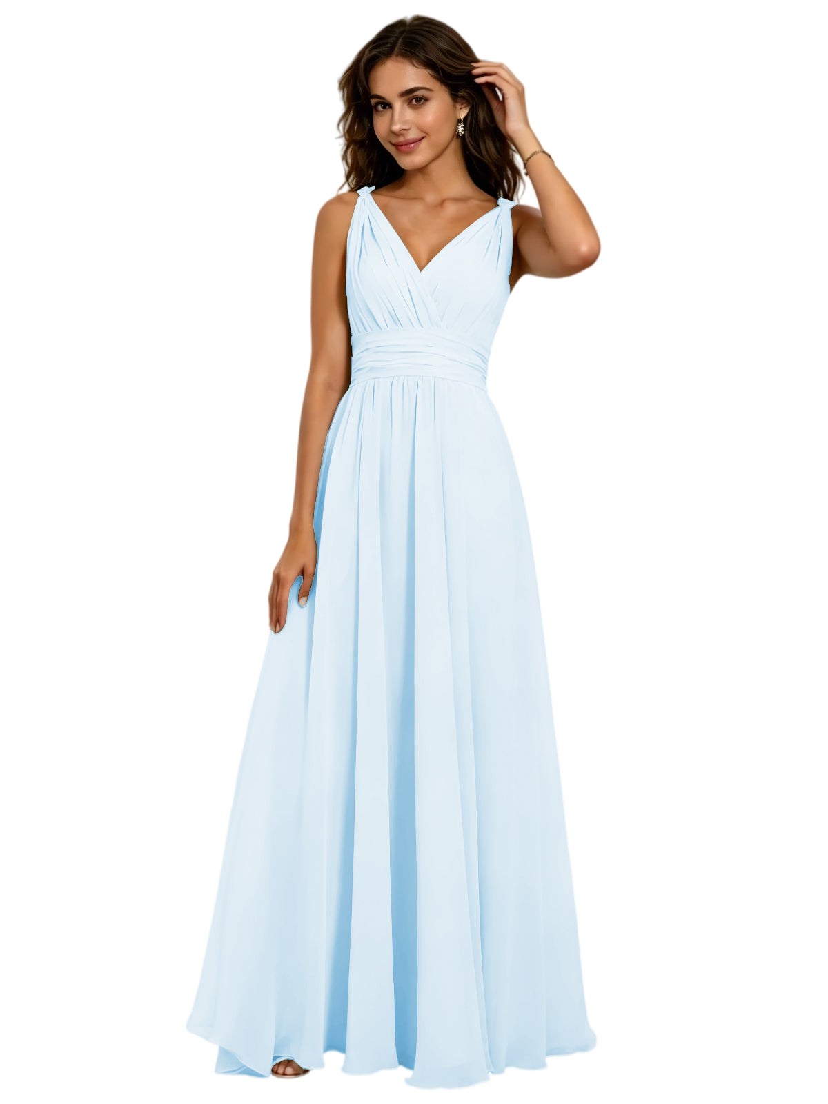Pleated V-Neck Chiffon A-Line Bridesmaid Dress with Lace-Up Back