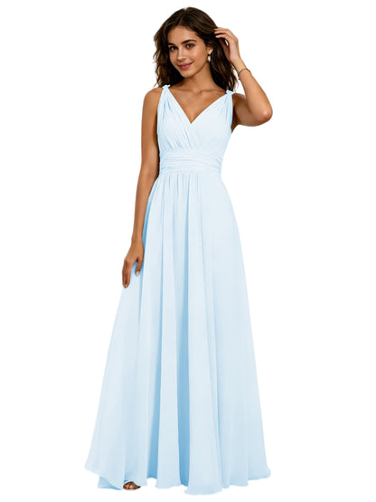 Pleated V-Neck Chiffon A-Line Bridesmaid Dress with Lace-Up Back