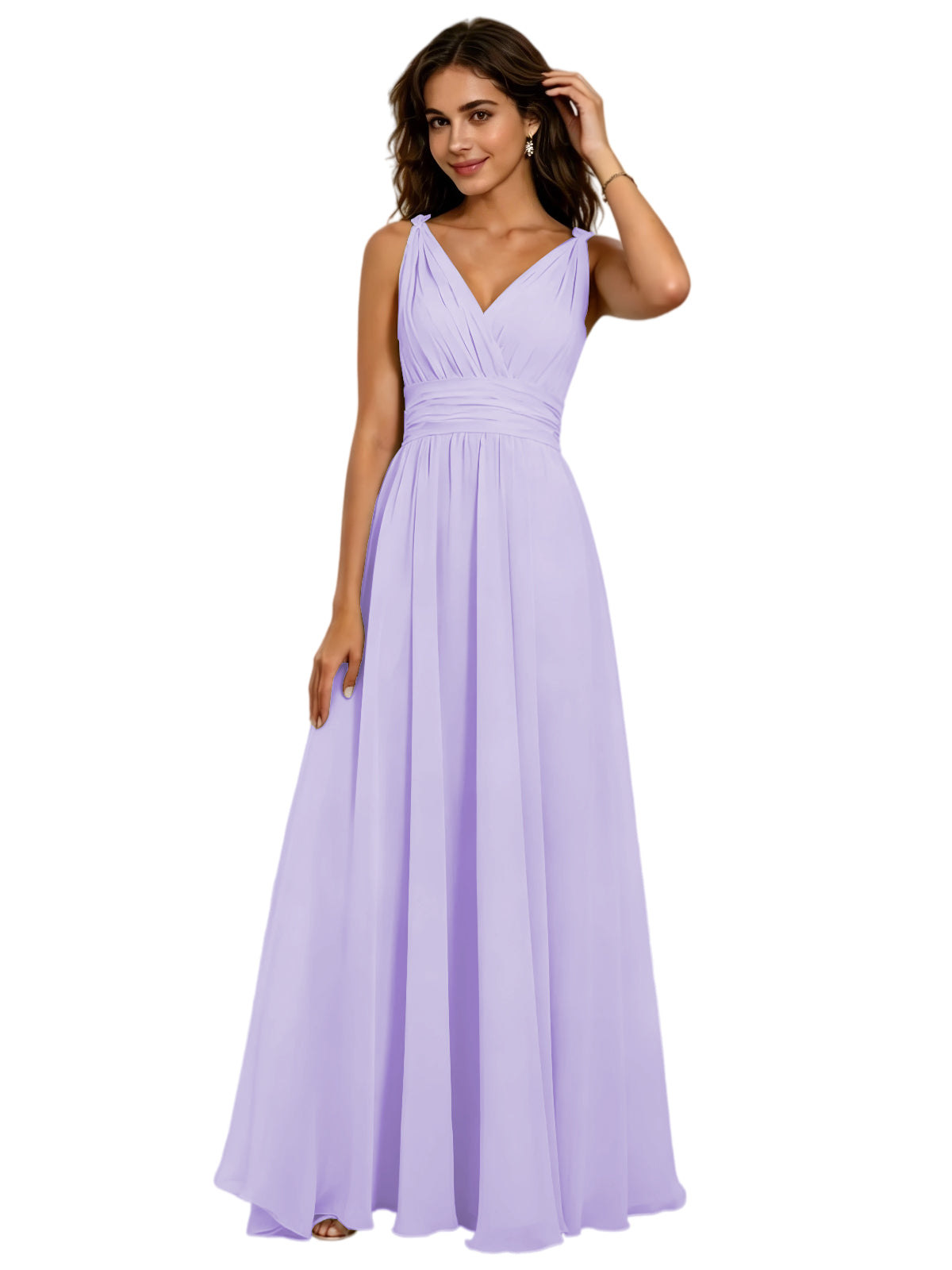 Pleated V-Neck Chiffon A-Line Bridesmaid Dress with Lace-Up Back
