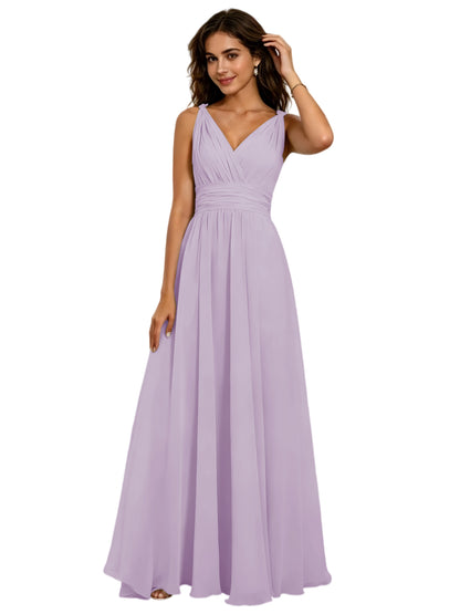 Pleated V-Neck Chiffon A-Line Bridesmaid Dress with Lace-Up Back