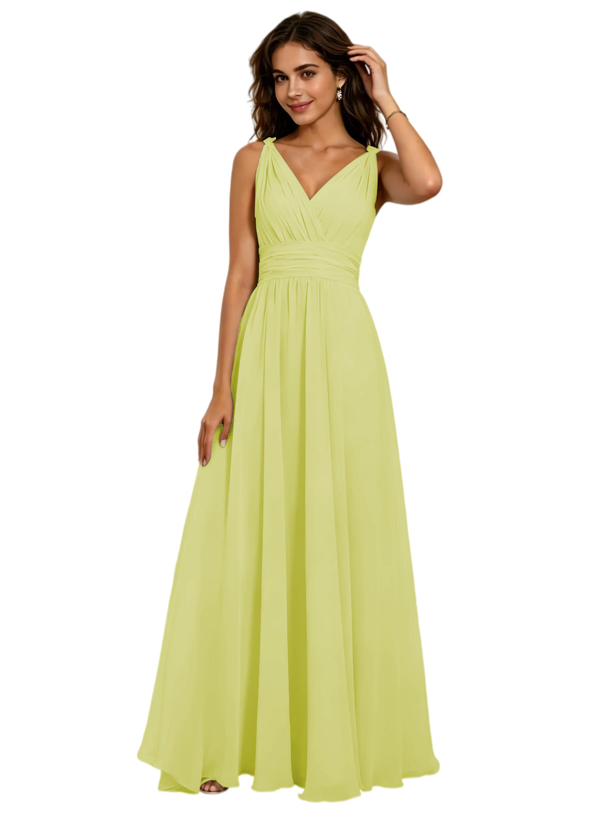 Pleated V-Neck Chiffon A-Line Bridesmaid Dress with Lace-Up Back